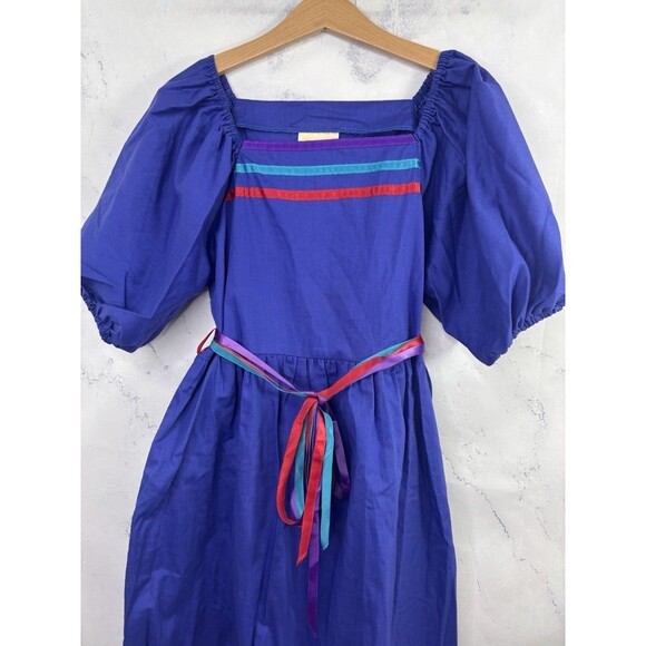 Vintage 70s Prairie Dress Kids Girls Sz 10 cottagecore Folk Blue Novelty Ribbon - Picture 16 of 16